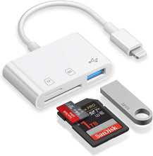 Load image into Gallery viewer, [Apple MFi Certified] SD Card Reader for iPhone, Lightning to SD Card Reader, 3-in-1 SD Card Reader for SD Card/Micro SD Digital Camera Adapter Compatible with iPhone, Plug &amp; Play SD Card Reader
