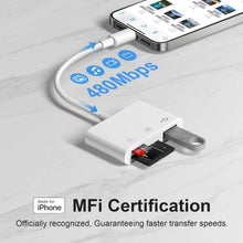 Load image into Gallery viewer, [Apple MFi Certified] SD Card Reader for iPhone, Lightning to SD Card Reader, 3-in-1 SD Card Reader for SD Card/Micro SD Digital Camera Adapter Compatible with iPhone, Plug &amp; Play SD Card Reader
