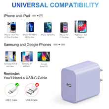 Load image into Gallery viewer, iPhone 14 13 12 11 Super Fast Charger-20W PD Type C Power Wall Charger with 6FT Charging Cable Compatible with iPhone 14/14 Pro Max/13/13 Mini/13 Pro/13 Pro Max/12/12 Pro/iPad Air-Purple
