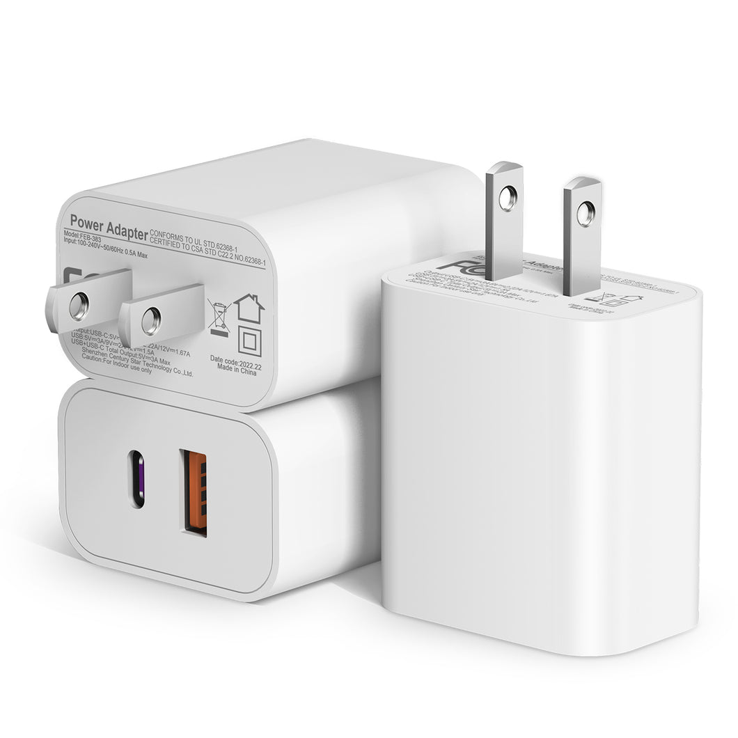 3 Pack USB C Wall Charger-20W Dual Port QC+PD 3.0 Power Adapter-Double Fast Charger Block for iPhone 14/14 Pro/14 Pro Max/14 Plus/13/12/11, XS/XR/X, iPad Pro, Google Pixel, Samsung Galaxy and More