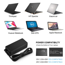 Load image into Gallery viewer, USB C Laptop Charger 65W 45W for Lenovo Chromebook 100e 300e 500e C330 S330-ThinkPad T480 T480s T580 T580s E480 E580 Yoga A485 T490S T590 C930 C940 13 IdeaPad 730s AC Adapter Power Supply
